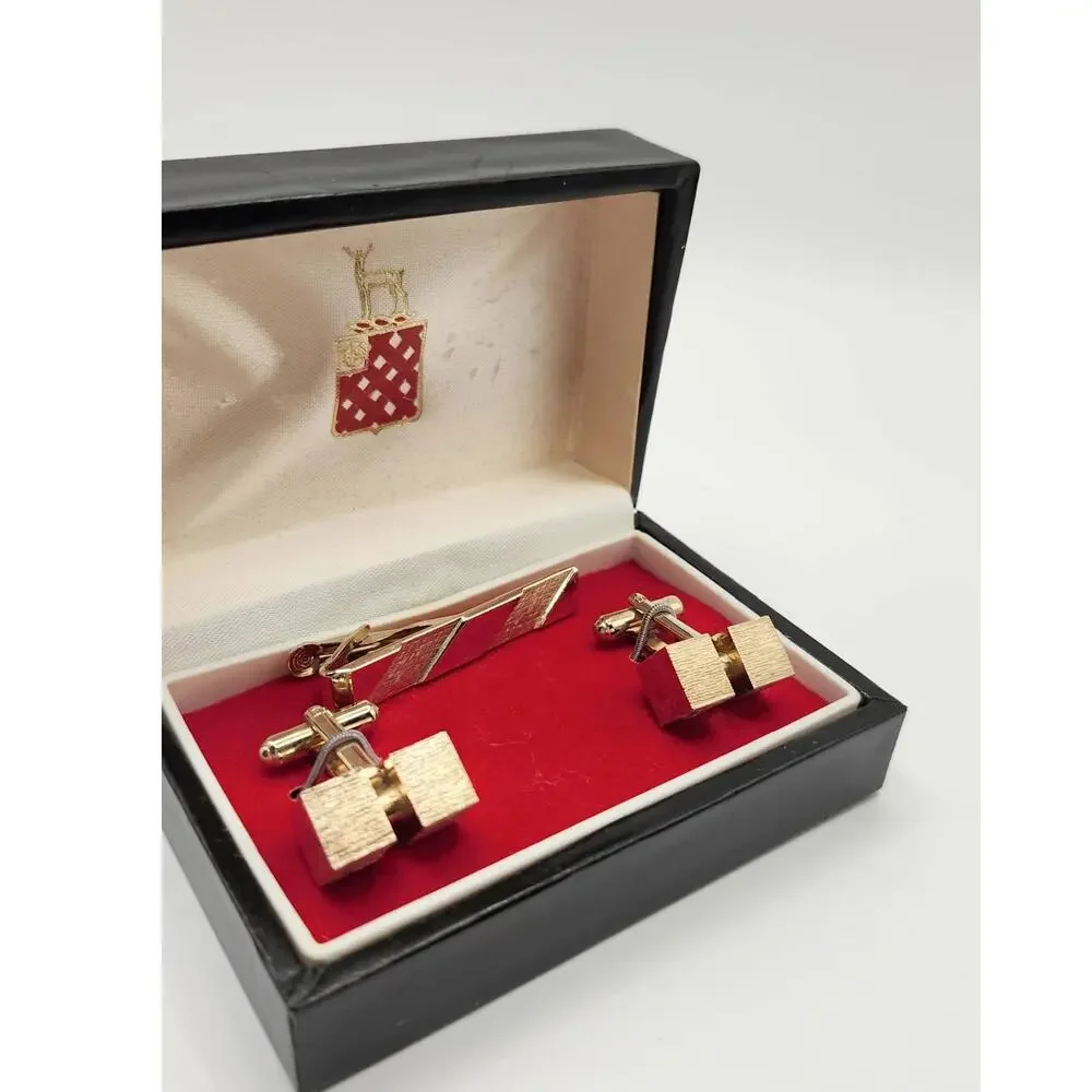 Vintage Brushed Gold Tone CuffLinks and Tie Clip, NEW OLD STOCK